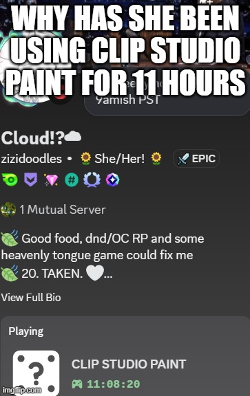 WHY HAS SHE BEEN USING CLIP STUDIO PAINT FOR 11 HOURS | made w/ Imgflip meme maker
