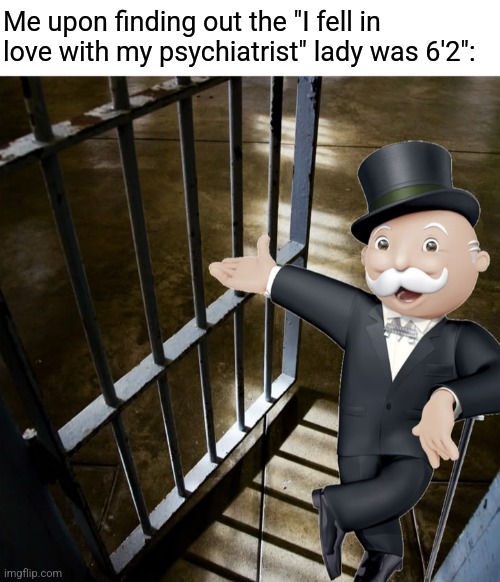 Bruh imagine a six two... facepalm | Me upon finding out the "I fell in love with my psychiatrist" lady was 6'2": | image tagged in jail,monopoly | made w/ Imgflip meme maker