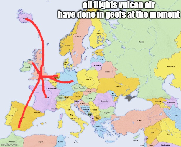 today will be a flight from heathrow to belfast | all flights vulcan air have done in geofs at the moment | image tagged in map of europe | made w/ Imgflip meme maker