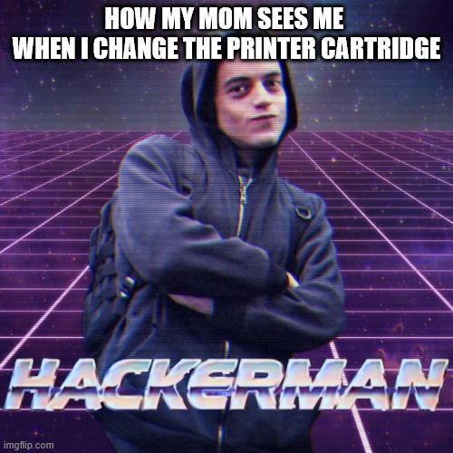 Printer | HOW MY MOM SEES ME 
WHEN I CHANGE THE PRINTER CARTRIDGE | image tagged in mr robot hackerman,tech,tech support,printer,computers/electronics | made w/ Imgflip meme maker
