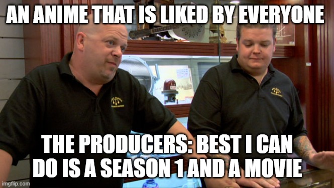 memes everywhere | AN ANIME THAT IS LIKED BY EVERYONE; THE PRODUCERS: BEST I CAN DO IS A SEASON 1 AND A MOVIE | image tagged in pawn stars best i can do | made w/ Imgflip meme maker