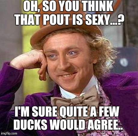 Creepy Condescending Wonka | OH, SO YOU THINK THAT POUT IS SEXY...? I'M SURE QUITE A FEW DUCKS WOULD AGREE.. | image tagged in memes,creepy condescending wonka | made w/ Imgflip meme maker