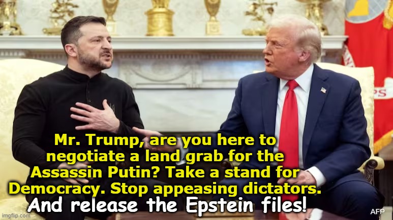 tRump & Zelensky Round Two | Mr. Trump, are you here to negotiate a land grab for the Assassin Putin? Take a stand for Democracy. Stop appeasing dictators. And release the Epstein files! | image tagged in vladimir putin,donald trump is an idiot,deplorable donald,nevertrump,trump putin,presidential alert | made w/ Imgflip meme maker