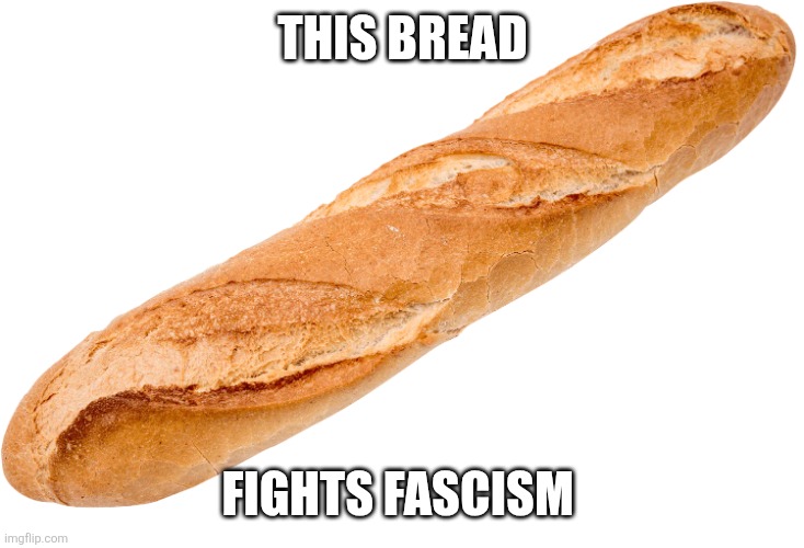 Baggette | THIS BREAD FIGHTS FASCISM | image tagged in baggette | made w/ Imgflip meme maker