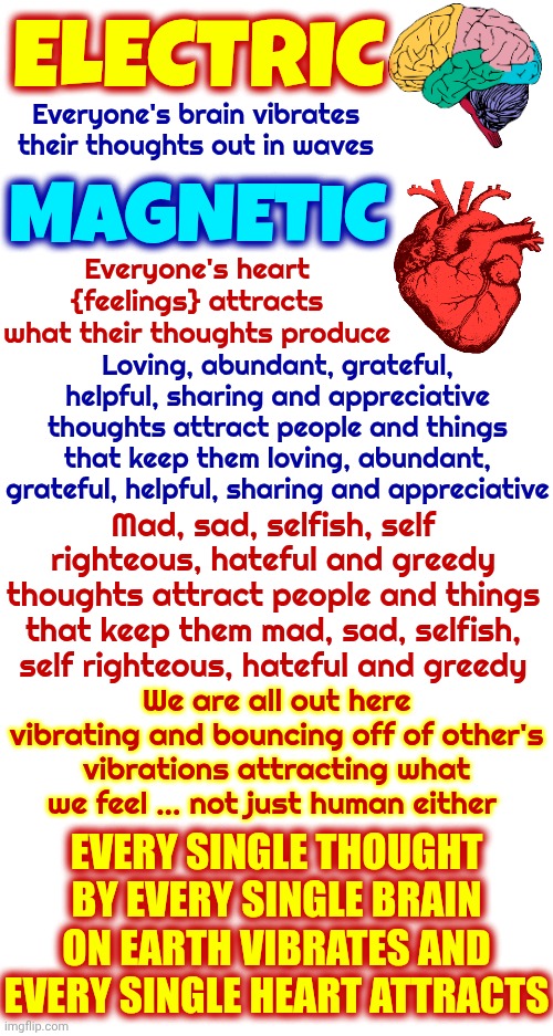 Change The Way You Think {Stop Thinking Negatively} And You'll Change Your Life {Start Thinking Positively} | ELECTRIC; Everyone's brain vibrates their thoughts out in waves; MAGNETIC; Everyone's heart {feelings} attracts what their thoughts produce; Loving, abundant, grateful, helpful, sharing and appreciative thoughts attract people and things that keep them loving, abundant, grateful, helpful, sharing and appreciative; Mad, sad, selfish, self righteous, hateful and greedy thoughts attract people and things that keep them mad, sad, selfish, self righteous, hateful and greedy; We are all out here vibrating and bouncing off of other's vibrations attracting what we feel ... not just human either; EVERY SINGLE THOUGHT BY EVERY SINGLE BRAIN ON EARTH VIBRATES AND EVERY SINGLE HEART ATTRACTS | image tagged in memes,positive thinking,appreciation,gratitude,kindness,love | made w/ Imgflip meme maker