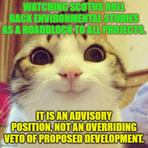Smiling Cat | WATCHING SCOTUS ROLL BACK ENVIRONMENTAL STUDIES AS A ROADBLOCK TO ALL PROJECTS. IT IS AN ADVISORY POSITION, NOT AN OVERRIDING VETO OF PROPOSED DEVELOPMENT. | image tagged in memes,smiling cat | made w/ Imgflip meme maker