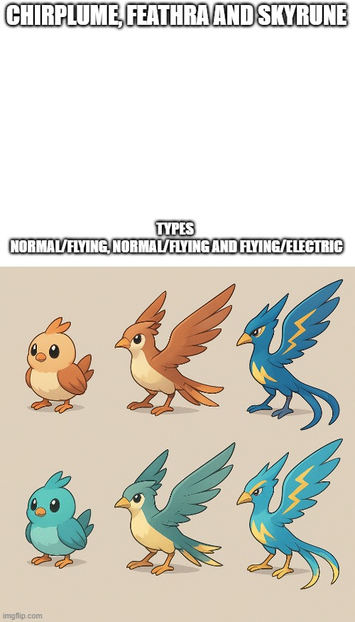 new fakemons | CHIRPLUME, FEATHRA AND SKYRUNE; TYPES 
NORMAL/FLYING, NORMAL/FLYING AND FLYING/ELECTRIC | image tagged in pokemon,fakemon,fakemons | made w/ Imgflip meme maker