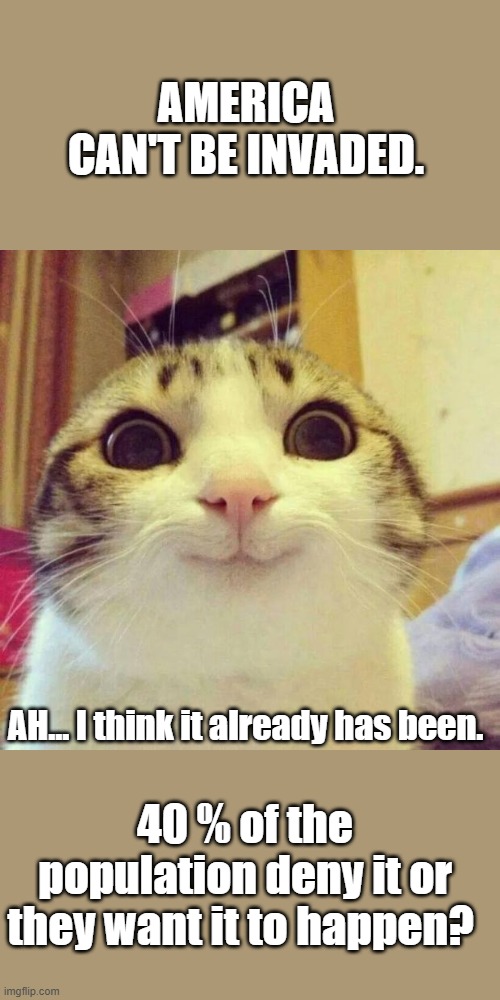 Are you going to be the last 1 to figure it out? I can only go by what my eyes see in all our blue cities | AMERICA CAN'T BE INVADED. AH... I think it already has been. 40 % of the population deny it or they want it to happen? | image tagged in memes,smiling cat | made w/ Imgflip meme maker