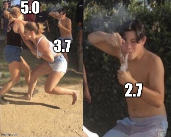 Guy smoking while two people fight | 5.0; 3.7; 2.7 | image tagged in guy smoking while two people fight | made w/ Imgflip meme maker