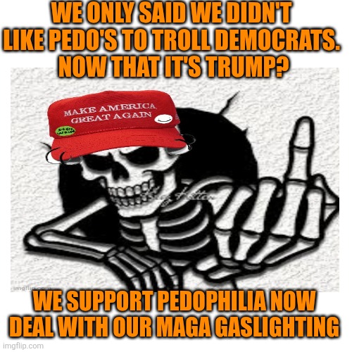 Blank Transparent Square Meme | WE ONLY SAID WE DIDN'T LIKE PEDO'S TO TROLL DEMOCRATS.
 NOW THAT IT'S TRUMP? WE SUPPORT PEDOPHILIA NOW 
DEAL WITH OUR MAGA GASLIGHTING | image tagged in memes,blank transparent square | made w/ Imgflip meme maker