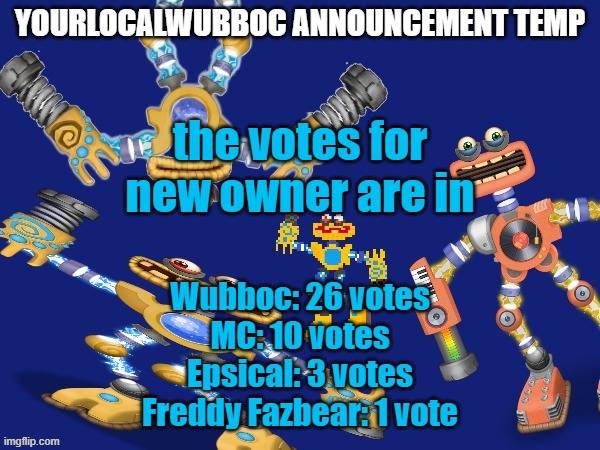 i'm an owner now. that's my attack | the votes for new owner are in; Wubboc: 26 votes
MC: 10 votes
Epsical: 3 votes
Freddy Fazbear: 1 vote | image tagged in yourlocalwubboc announcement temp | made w/ Imgflip meme maker