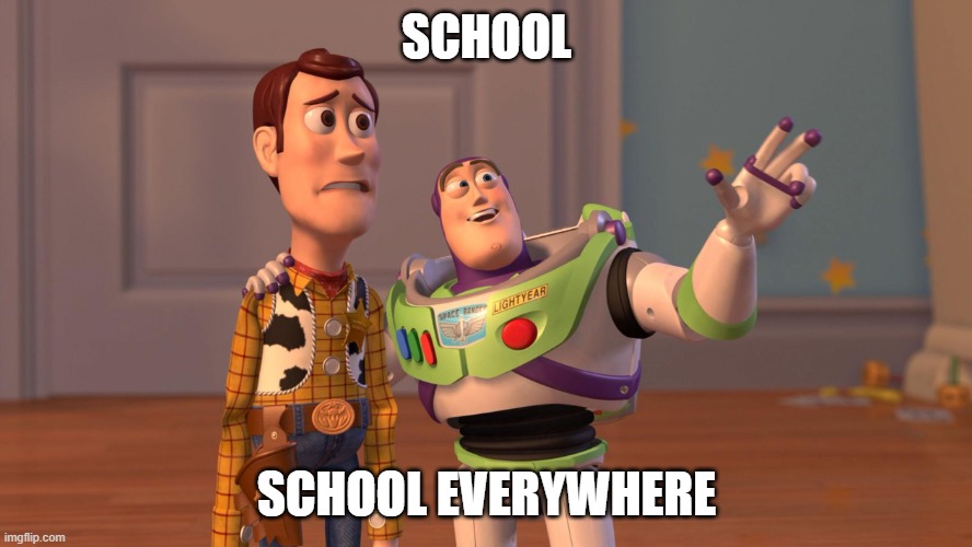 40 more weeks of hell await us | SCHOOL; SCHOOL EVERYWHERE | image tagged in woody and buzz lightyear everywhere widescreen,school,back to school | made w/ Imgflip meme maker