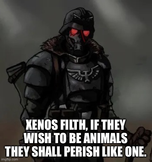 Krieg grenadier | XENOS FILTH, IF THEY WISH TO BE ANIMALS THEY SHALL PERISH LIKE ONE. | image tagged in krieg grenadier | made w/ Imgflip meme maker