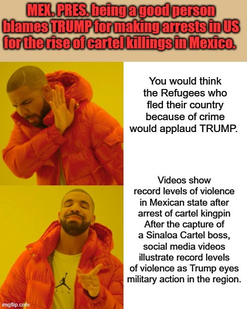 They're murdering someone ever 6 hrs. now. Put another DEM in WH & the borders will be thrown open again. | MEX. PRES. being a good person blames TRUMP for making arrests in US for the rise of cartel killings in Mexico. You would think the Refugees who fled their country because of crime would applaud TRUMP. Videos show record levels of violence in Mexican state after arrest of cartel kingpin
After the capture of a Sinaloa Cartel boss, social media videos illustrate record levels of violence as Trump eyes military action in the region. | image tagged in memes,drake hotline bling | made w/ Imgflip meme maker