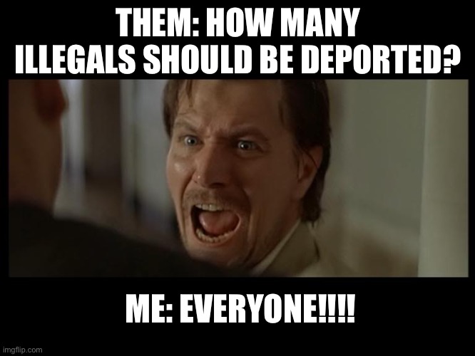 Illegals | THEM: HOW MANY ILLEGALS SHOULD BE DEPORTED? ME: EVERYONE!!!! | image tagged in gary oldman everyone,politics,political meme,illegal immigration,donald trump | made w/ Imgflip meme maker