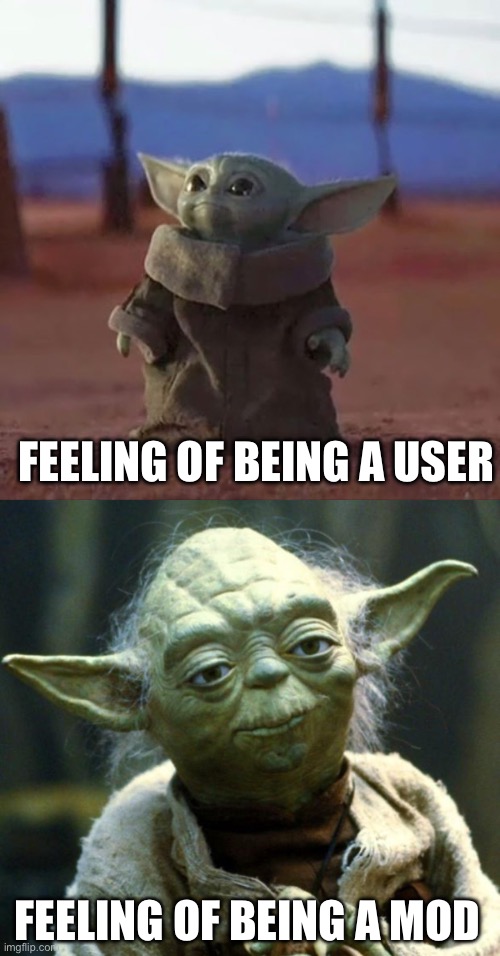 FEELING OF BEING A USER; FEELING OF BEING A MOD | image tagged in baby yoda,memes,star wars yoda | made w/ Imgflip meme maker