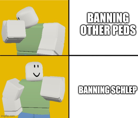 #FREE SCHLEP meme | BANNING OTHER PEDS; BANNING SCHLEP | image tagged in roblox drake format | made w/ Imgflip meme maker