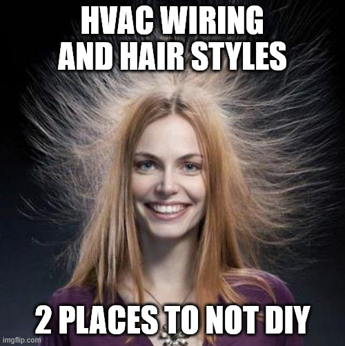 HVAC wiring and hair styles | HVAC WIRING
AND HAIR STYLES; 2 PLACES TO NOT DIY | image tagged in static hair,sparky,hvac humor,hair style,shock,memes | made w/ Imgflip meme maker