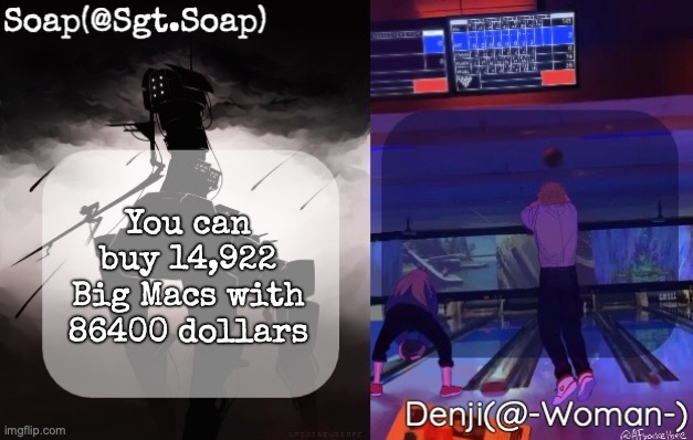 Soap and Denji shared temp | You can buy 14,922 Big Macs with 86400 dollars | image tagged in soap and denji shared temp | made w/ Imgflip meme maker