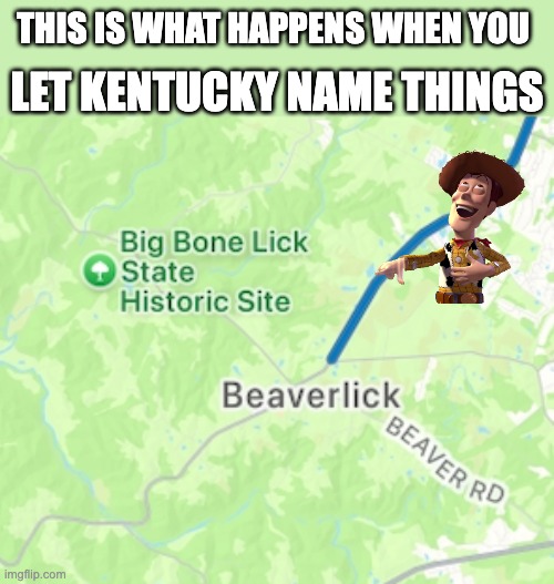 Kentucky. Really? | LET KENTUCKY NAME THINGS; THIS IS WHAT HAPPENS WHEN YOU | image tagged in beaverlick | made w/ Imgflip meme maker