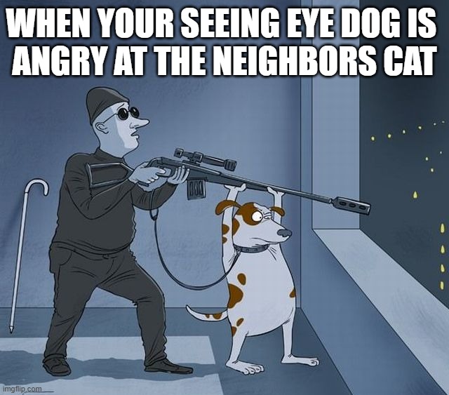 Angry dog | WHEN YOUR SEEING EYE DOG IS 
ANGRY AT THE NEIGHBORS CAT | image tagged in dogs | made w/ Imgflip meme maker