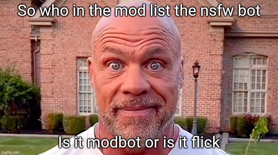 Kurt Angle Stare | So who in the mod list the nsfw bot; Is it modbot or is it flick | image tagged in kurt angle stare | made w/ Imgflip meme maker