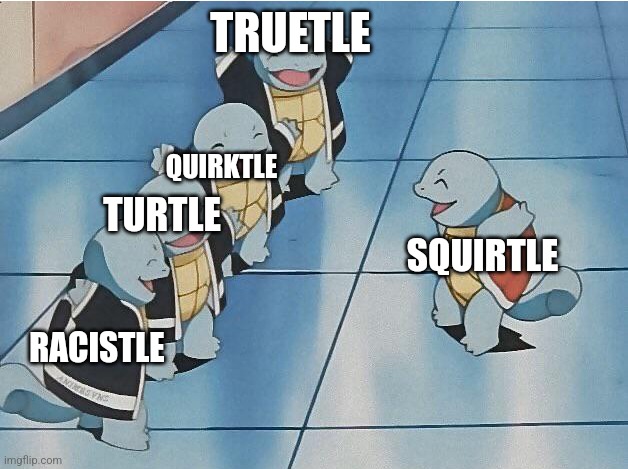 TRUETLE QUIRKTLE TURTLE RACISTLE SQUIRTLE | image tagged in squirtle squad | made w/ Imgflip meme maker