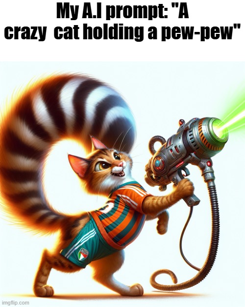 uhhh | My A.I prompt: "A crazy  cat holding a pew-pew" | made w/ Imgflip meme maker