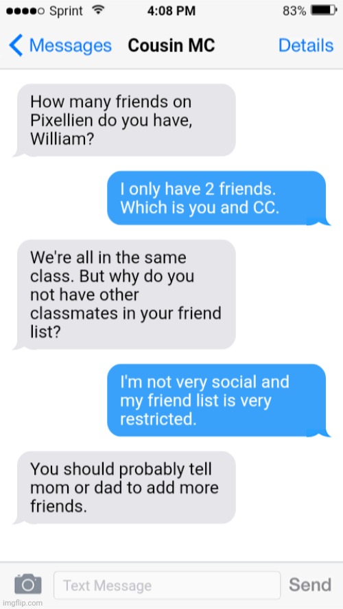 William only has 2 friends on Pixellien which are MC and CC. | image tagged in pixellien,roblox,mc,william,text message,sms | made w/ Imgflip meme maker