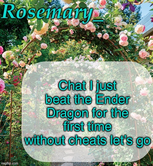 I’ve beaten it before but I did it without cheats (specifically keep inventory) this time | Chat I just beat the Ender Dragon for the first time without cheats let’s go | image tagged in rosemary_ template | made w/ Imgflip meme maker