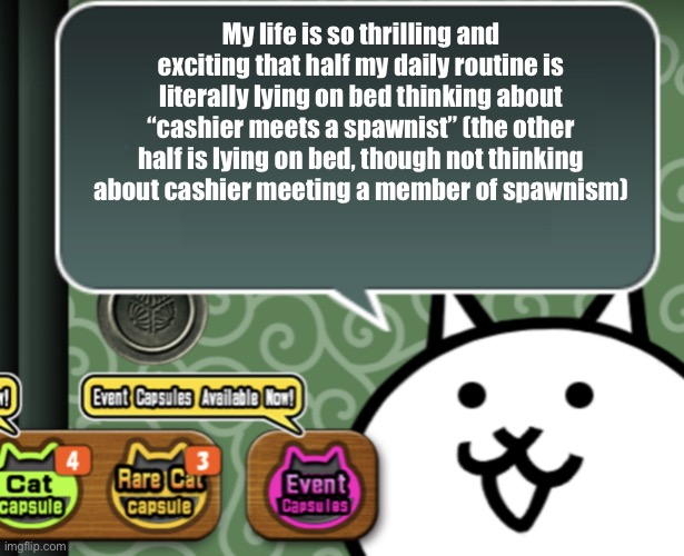 Isn’t that the life you’d all want to have | My life is so thrilling and exciting that half my daily routine is literally lying on bed thinking about “cashier meets a spawnist” (the other half is lying on bed, though not thinking about cashier meeting a member of spawnism) | image tagged in the basic cat says something | made w/ Imgflip meme maker