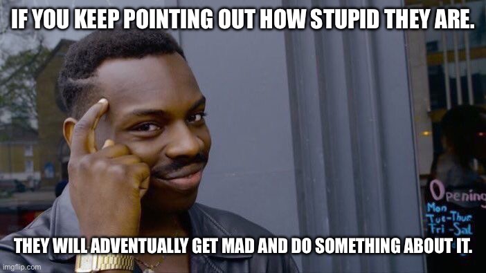 Something Stupid | IF YOU KEEP POINTING OUT HOW STUPID THEY ARE. THEY WILL ADVENTUALLY GET MAD AND DO SOMETHING ABOUT IT. | image tagged in memes,roll safe think about it,eill,do,something | made w/ Imgflip meme maker