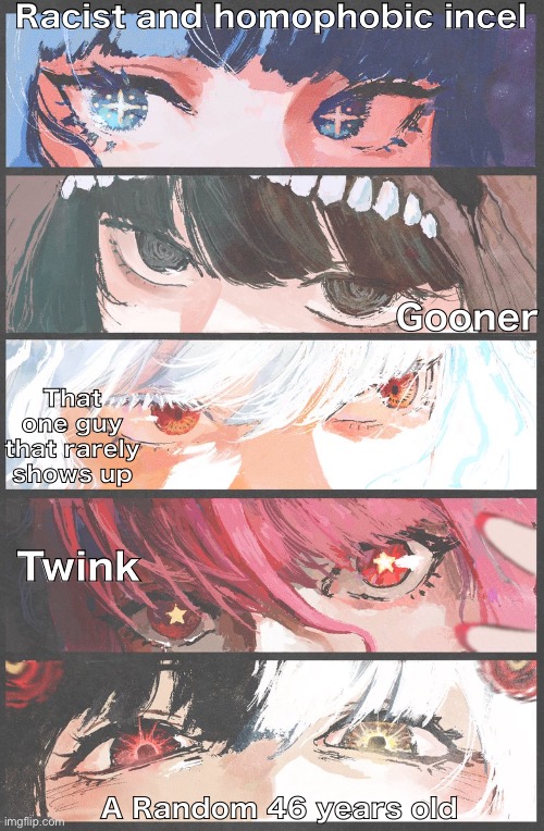 Every friend group Got the: | Racist and homophobic incel; Gooner; That one guy that rarely shows up; Twink; A Random 46 years old | image tagged in black souls,eyes,memes,shitpost,art by godd killy | made w/ Imgflip meme maker
