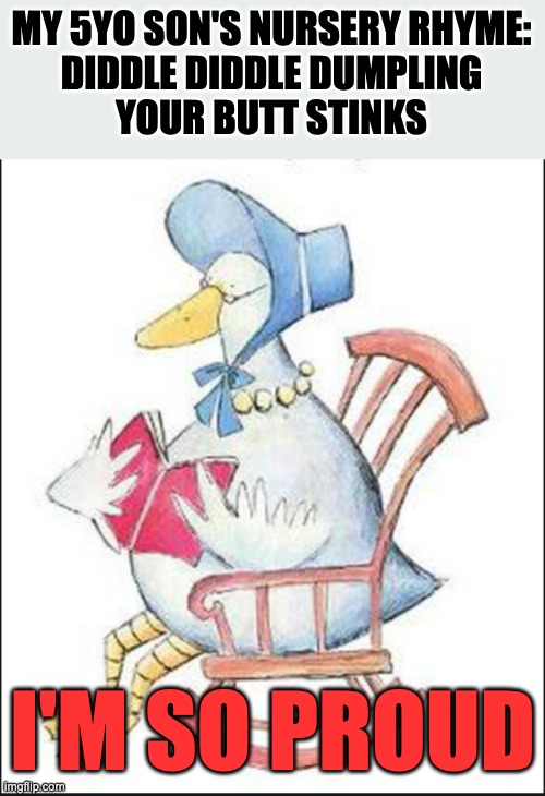 New Nursery Rhymes | MY 5YO SON'S NURSERY RHYME:
DIDDLE DIDDLE DUMPLING
YOUR BUTT STINKS; I'M SO PROUD | image tagged in new nursery rhymes | made w/ Imgflip meme maker