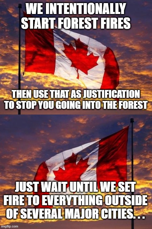 WE INTENTIONALLY START FOREST FIRES; THEN USE THAT AS JUSTIFICATION TO STOP YOU GOING INTO THE FOREST; JUST WAIT UNTIL WE SET FIRE TO EVERYTHING OUTSIDE OF SEVERAL MAJOR CITIES. . . | image tagged in canada | made w/ Imgflip meme maker
