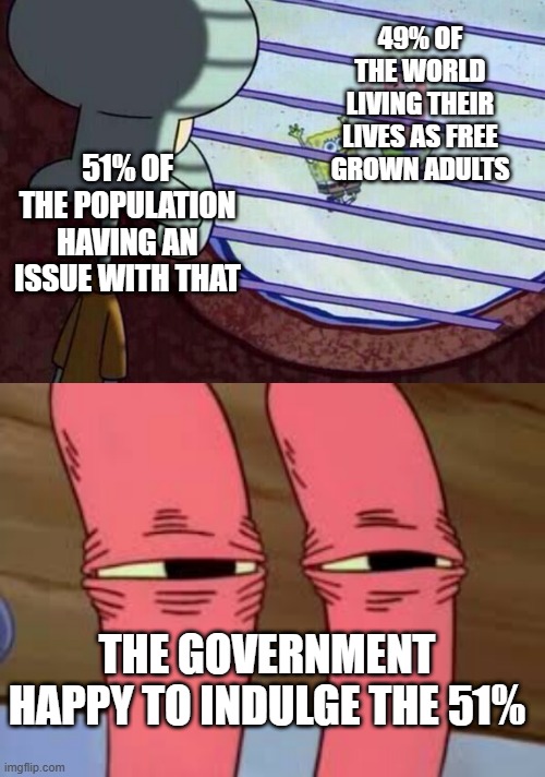 The primary world issue in a single meme | 49% OF THE WORLD LIVING THEIR LIVES AS FREE GROWN ADULTS; 51% OF THE POPULATION HAVING AN ISSUE WITH THAT; THE GOVERNMENT HAPPY TO INDULGE THE 51% | image tagged in squidward window,mr krabs smelly smell | made w/ Imgflip meme maker