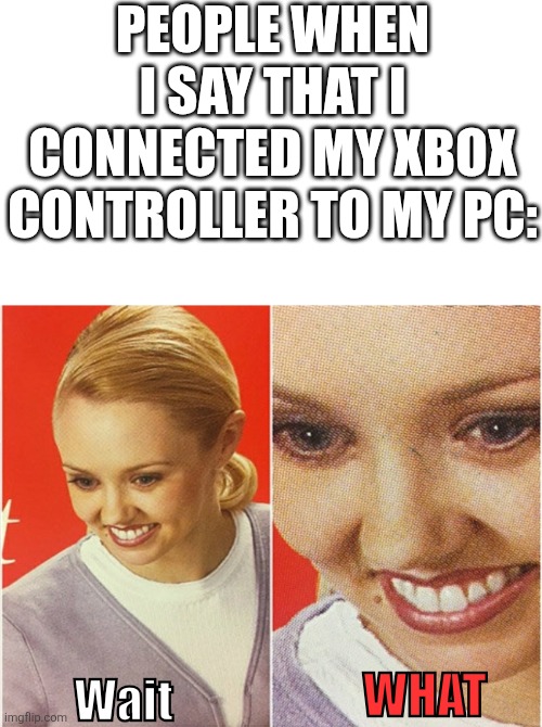 You can actually do that. | PEOPLE WHEN I SAY THAT I CONNECTED MY XBOX CONTROLLER TO MY PC:; WHAT; Wait | image tagged in wait what,funny memes,pc gaming | made w/ Imgflip meme maker