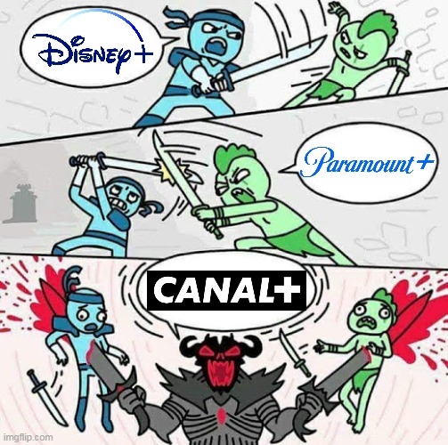 The Plus Network | image tagged in sword fight,disney plus,disney,paramount plus,paramount | made w/ Imgflip meme maker