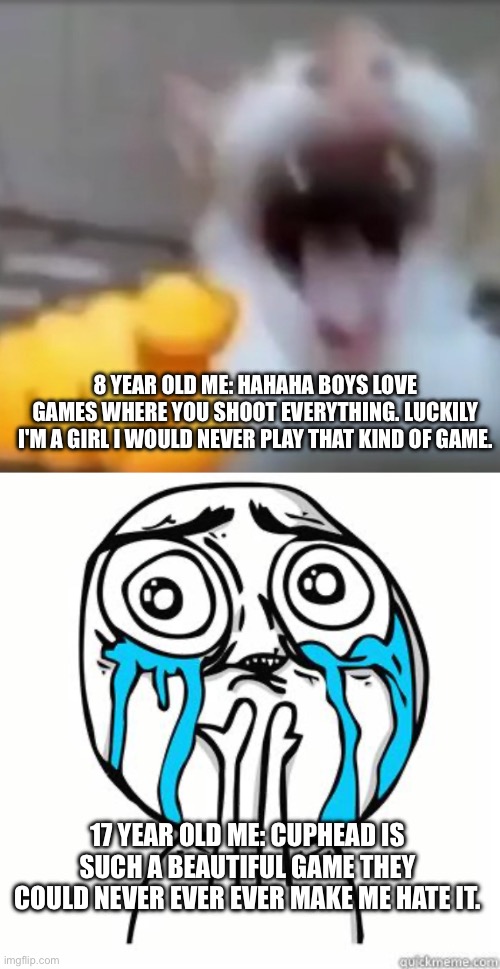 I have grown and I'm glad | 8 YEAR OLD ME: HAHAHA BOYS LOVE GAMES WHERE YOU SHOOT EVERYTHING. LUCKILY I'M A GIRL I WOULD NEVER PLAY THAT KIND OF GAME. 17 YEAR OLD ME: CUPHEAD IS SUCH A BEAUTIFUL GAME THEY COULD NEVER EVER EVER MAKE ME HATE IT. | image tagged in cat pointing and laughing,crying face,cuphead,video games | made w/ Imgflip meme maker