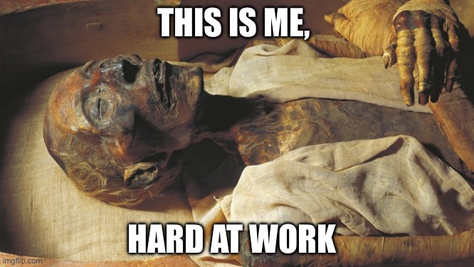 Staff meetings= zzzzzzzz | THIS IS ME, HARD AT WORK | image tagged in mummy,staff,meetings | made w/ Imgflip meme maker