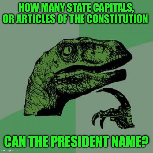 Philosoraptor | HOW MANY STATE CAPITALS, OR ARTICLES OF THE CONSTITUTION; CAN THE PRESIDENT NAME? | image tagged in memes,philosoraptor | made w/ Imgflip meme maker