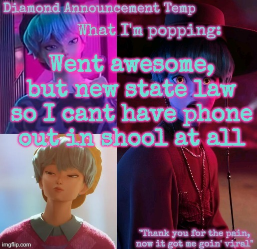 Diamond's Baby Saja Temp | Went awesome, but new state law so I cant have phone out in shool at all | image tagged in diamond's baby saja temp | made w/ Imgflip meme maker