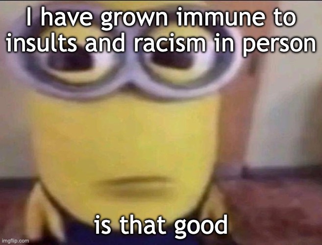 Minion Stare | I have grown immune to insults and racism in person; is that good | image tagged in minion stare | made w/ Imgflip meme maker