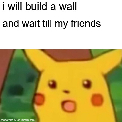 I can build a wall with my friends | i will build a wall; and wait till my friends | image tagged in memes,surprised pikachu,funny | made w/ Imgflip meme maker