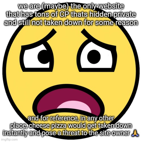 what the fuck (slightly improved | we are (maybe) the only website that has tons of CP thats hidden private and still not taken down for some reason; and for reference, in any other place, cheese pizza would get taken down instantly and pose a threat to the site owner 🙏 | image tagged in what the fuck slightly improved | made w/ Imgflip meme maker