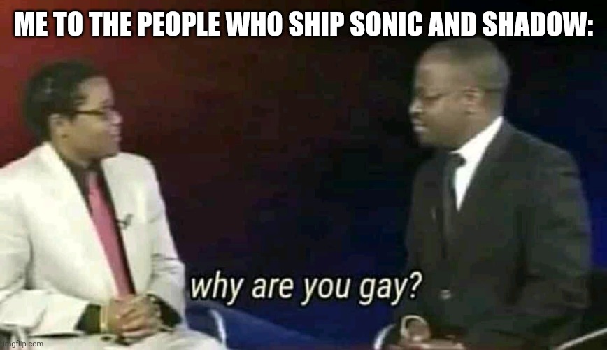 Why are you gay? | ME TO THE PEOPLE WHO SHIP SONIC AND SHADOW: | image tagged in why are you gay | made w/ Imgflip meme maker