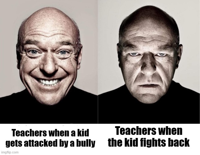 Teachers have NO thinking process before doing actions. | Teachers when a kid gets attacked by a bully; Teachers when the kid fights back | image tagged in breaking bad smile frown,memes,funny,true,school,so true memes | made w/ Imgflip meme maker