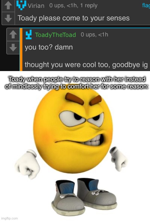 Toady when people try to reason with her instead of mindlessly trying to comfort her for some reason: | image tagged in mad emoji | made w/ Imgflip meme maker