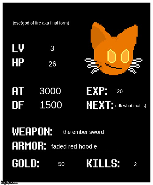 he's not op normally. its just the sheer power of his final form that makes the stats SKY ROCKET | jose(god of fire aka final form); 3; 26; 3000; 20; 1500; (idk what that is); the ember sword; faded red hoodie; 50; 2 | image tagged in undertale player stats | made w/ Imgflip meme maker