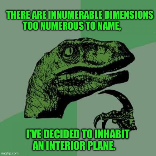 Philosoraptor | THERE ARE INNUMERABLE DIMENSIONS TOO NUMEROUS TO NAME, I’VE DECIDED TO INHABIT AN INTERIOR PLANE. | image tagged in memes,philosoraptor | made w/ Imgflip meme maker